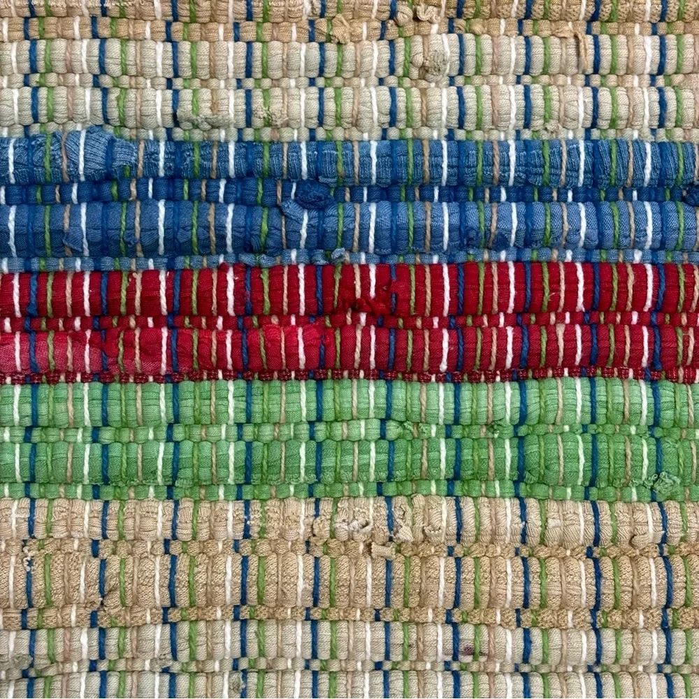 Vintage Thick Handwoven Throw Rug Striped Red White Blue Green Tan 30”x 18”